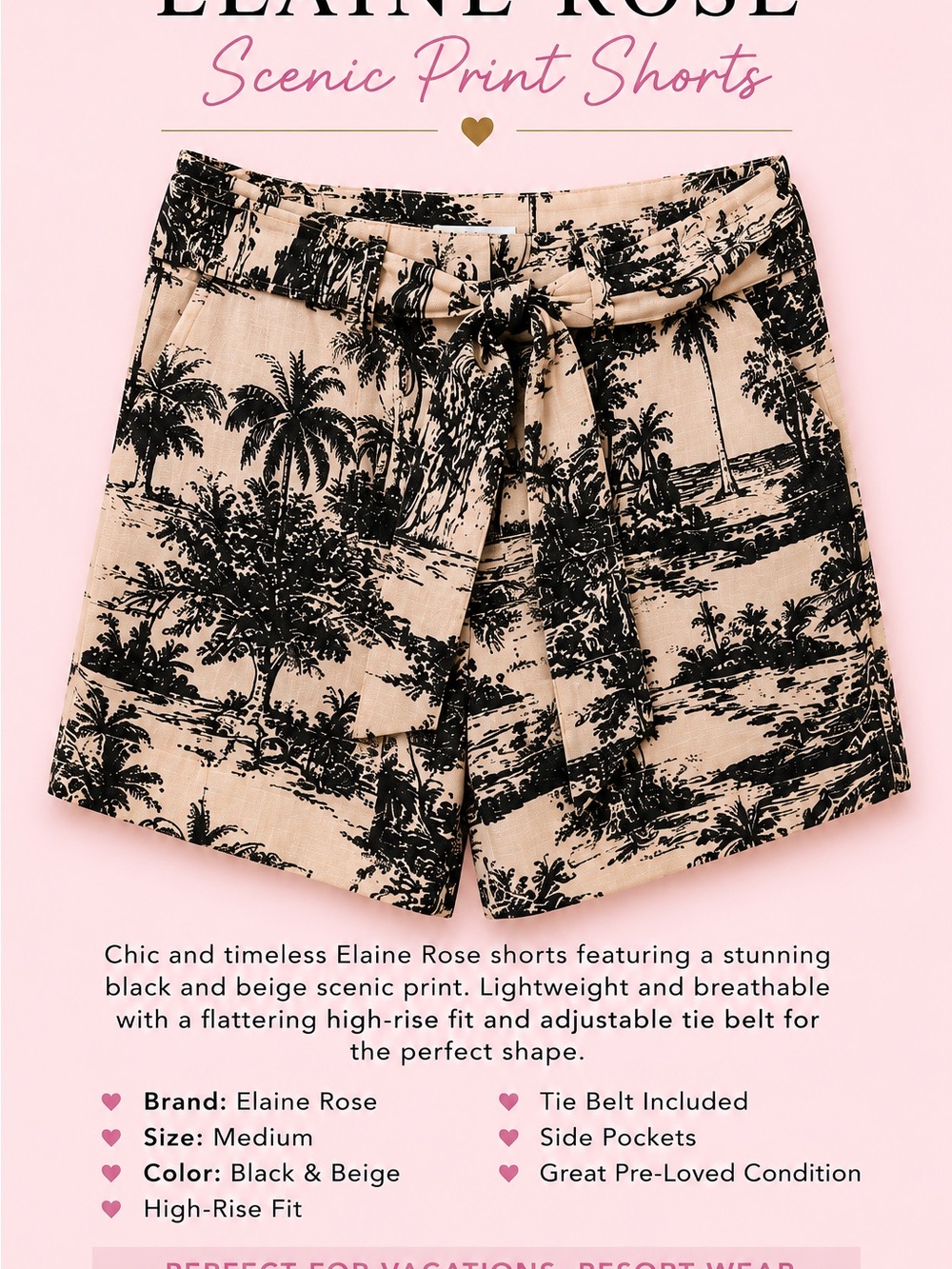 High-Waist Scenic Print Shorts in Black & Beige